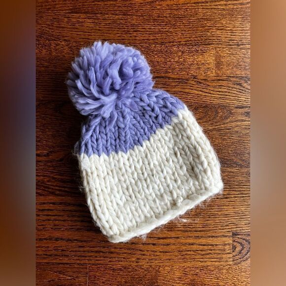 Free People Beanie Hat Cozy Up Color Block Pom Pom Lavender Ivory O/S main image 4